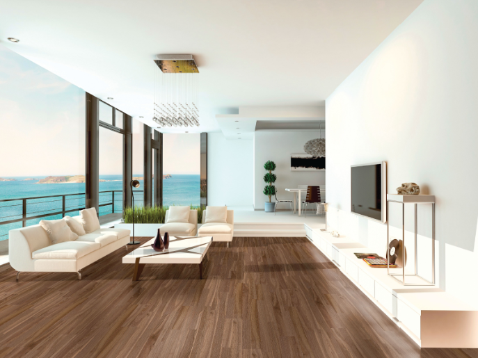 Modern living room with wide plank wood flooring design by Mikasa Floors