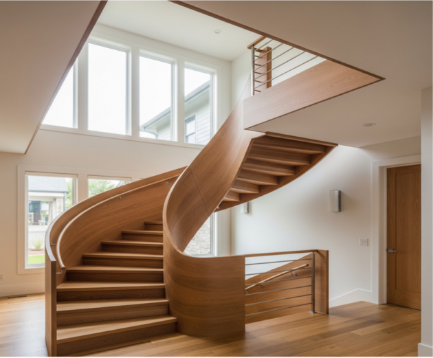 Engineered wood spiral staircase by Mikasa Floors