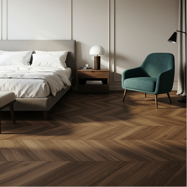 Engineered wood flooring for modern bedroom by Mikasa Floors