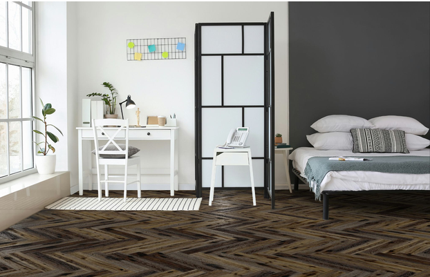 Japandi living room with black herringbone wood flooring by Mikasa Floors